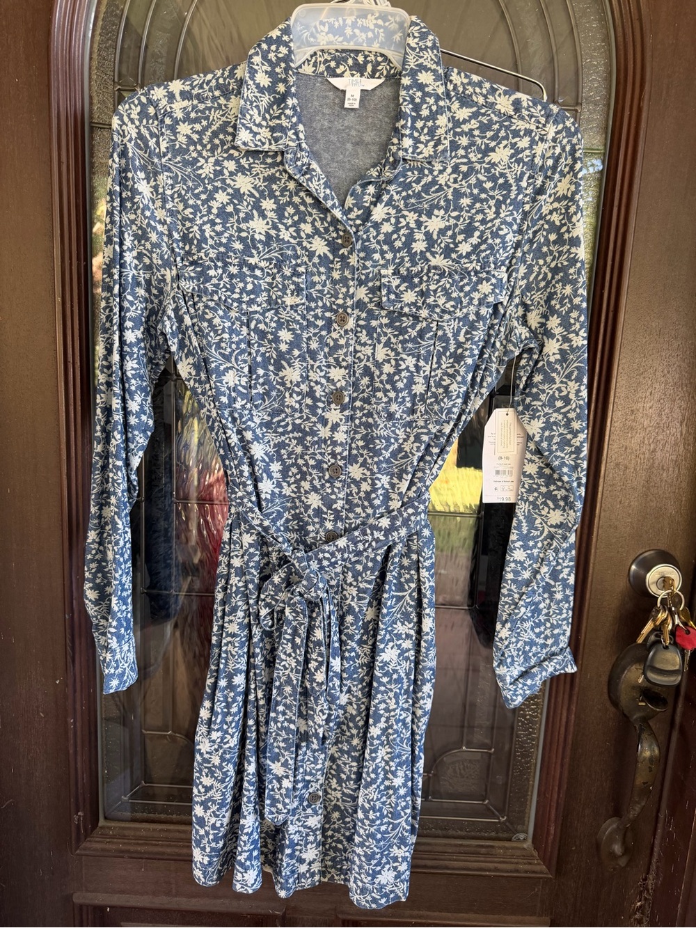 Time and Tru Blue and White Floral Long-Sleeve Shirt Dress with Tie Waist